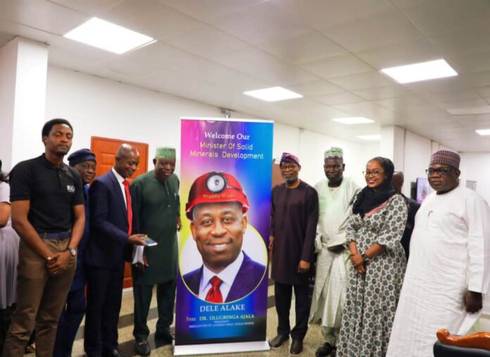 courtesy visit 4th Right is the Hon. Minister for Solid Minerals Devpt., Dr. Oladele Alake; Extreme Right is Engr. Simon Nkom, Director-General Mining Cadastre Office; 3rd Right is the National President, Nigeria-China Chamber of Mines, Dr. Olugbenga Ajala supported by other members of the delegation.