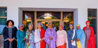From left to right: Mrs. Rachel Umahi, Mrs. Rachel John Owen, Mrs. Bilikisu Kyari, Mrs. Susan Lokpobiri, Her Excellency Senator Oluremi Tinubu Mrs. Zainab Alkali, Mrs. Mattawale Bello, Hajia Hajara Goronyo, and Dr Saadatu Abdullahi after a courtesy visit to the First Lady of the Federal Republic of Nigeria by wives of Ministers