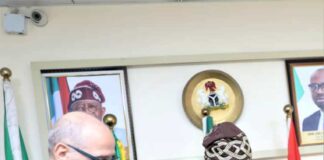 R-L, The Honourable Minister of Interior,Dr Olubunmi Tunji-Ojo and the UNDOC representative in Nigeria Mr Oliver Stolpe, during the courtesy visit to the Minister in his Office today.