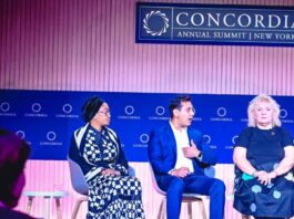 The First Lady of the Federal Republic of Nigeria Senator Oluremi Tinubu CON with other panelists Dr Jay Rajda and Dr Lucica Ditiu speaking on strategies to advance global health standards and investments towards effectively financing the eradication of Tuberculosis at the CONCORDIA side meeting in New York