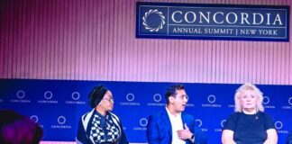 The First Lady of the Federal Republic of Nigeria Senator Oluremi Tinubu CON with other panelists Dr Jay Rajda and Dr Lucica Ditiu speaking on strategies to advance global health standards and investments towards effectively financing the eradication of Tuberculosis at the CONCORDIA side meeting in New York