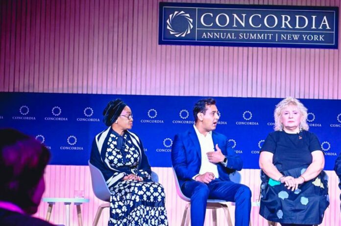 The First Lady of the Federal Republic of Nigeria Senator Oluremi Tinubu CON with other panelists Dr Jay Rajda and Dr Lucica Ditiu speaking on strategies to advance global health standards and investments towards effectively financing the eradication of Tuberculosis at the CONCORDIA side meeting in New York