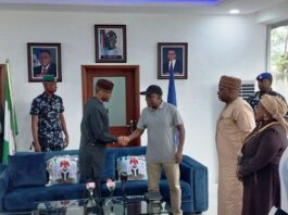 L-R: The Permanent Secretary, MNDD, Dr. Shuaib Belgore, the Vice chancellor of the University of Calabar, Professor Florence Banku Obi and the Hon. Minister, MNDD, Engr. Abubakar Momoh, in group photograph, during the inspection of projects in the campus, yesterday, at Calabar, Cross River State.