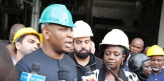 The Hon. Minister of Steel Development, Prince Shuaibu Abubakar Audu (L) and the Permanent Secretary, Dr Mary A Ogbe (R) been interviewed by the media during the 3-day working visit to Ajaokuta Steel Plant on Wednesday 4th October, 2023.