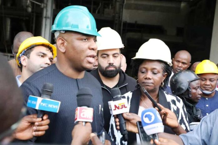 The Hon. Minister of Steel Development, Prince Shuaibu Abubakar Audu (L) and the Permanent Secretary, Dr Mary A Ogbe (R) been interviewed by the media during the 3-day working visit to Ajaokuta Steel Plant on Wednesday 4th October, 2023.
