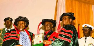 L-R: Honourable Minister of Defence, Mohammed Badaru Abubakar CON, mni, Gen. Martin Luther Agwai rtd and the Honourable Minister of State for Defence, Dr. Bello Muhammed Matawalle MON presenting Honorary Doctorate Degree Certificate to Agwai at the 33rd Convocation ceremony of NDA Cadets of 70 Regular Course, Postgraduate Students and Honorary Degree programme.