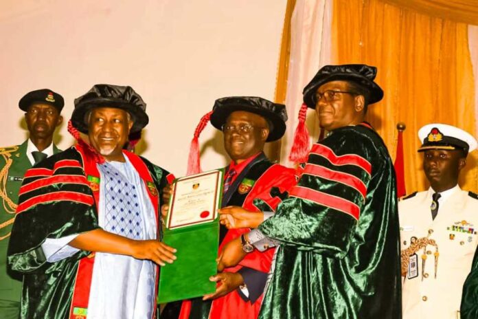 33rd Convocation ceremony of NDA Cadets L-R: Honourable Minister of Defence, Mohammed Badaru Abubakar CON, mni, Gen. Martin Luther Agwai rtd and the Honourable Minister of State for Defence, Dr. Bello Muhammed Matawalle MON presenting Honorary Doctorate Degree Certificate to Agwai at the 33rd Convocation ceremony of NDA Cadets of 70 Regular Course, Postgraduate Students and Honorary Degree programme.