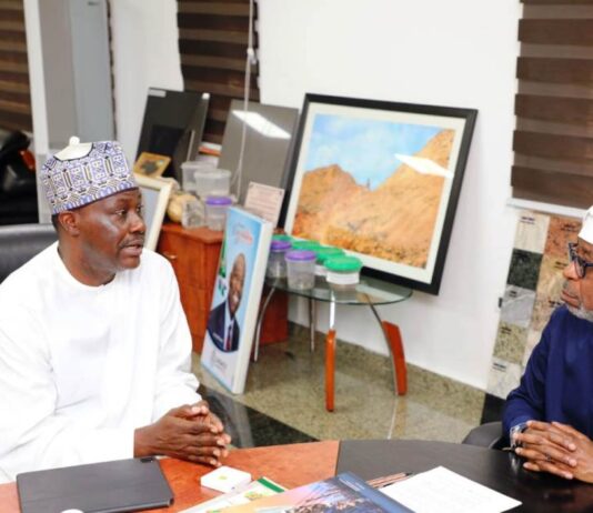 Hon. Minister of Solid Minerals Development, Dr. Oladele Alake, exchanging views with Mr. Samaila Zubairu, President/Chief Executive Officer, Africa Finance Cooperation.