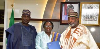 L-R, the Minister of State, Agriculture and Food Security, Sen. Dr. Aliyu Sabi Abdullahi, IFAD Country Representative in Nigeria, Mrs. Dede and Minister of Agriculture and Food Security, Sen. Abubakar Kyari, during the Courtesy Visit in Abuja.