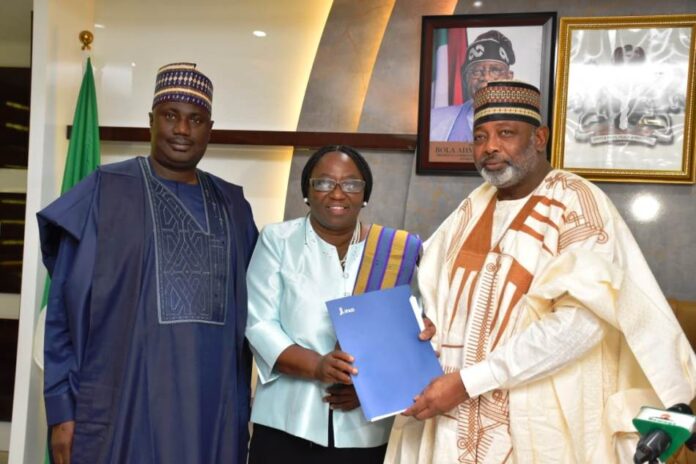 Courtesy Visit L-R, the Minister of State, Agriculture and Food Security, Sen. Dr. Aliyu Sabi Abdullahi, IFAD Country Representative in Nigeria, Mrs. Dede and Minister of Agriculture and Food Security, Sen. Abubakar Kyari, during the Courtesy Visit in Abuja.