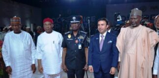 L-R: Minister of State for Police Affairs, Hajia Imaan Sulaiamn-Ibrahim; Minister of Police Affairs, Senator Ibrahim Gaidamin; Executive Governor of Imo State, Senator Hope Uzodima; the Ag. Inspector General of Police, IGP Kayode Egbetokun; President of INTERPO, Major General Ahmed Naser Al-Raisi and Chairman Senate Committee on Police Affairs, Senator, Abdulhamid Madori during the opening ceremony of the conference and retreat for senior police officers with a theme Fostering Economic Prosperity, Social Integration and Political Development through enhanced Internal Security Mechanism held at the Landmark Event Centre, Owerri in Imo State.