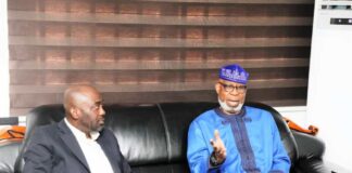 Left-Right: Mr. Lolu Alade, Group Managing Director/CEO, Hon. Minister for Solide Minerals Devpt. Dr. Oladele Alake sharing views with his visitor.
