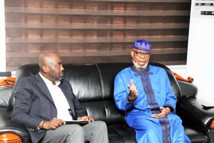 Left-Right: Mr. Lolu Alade, Group Managing Director/CEO, Hon. Minister for Solide Minerals Devpt. Dr. Oladele Alake sharing views with his visitor.