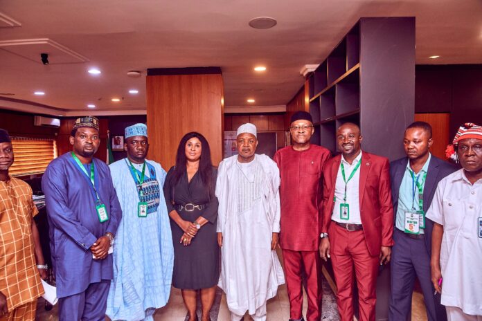 Markolima pictures of His Excellency Senator Abubakar Atiku Bagudu, Minister of Budget and Economic Planning (C), Nebeolisa Anako, Permanent Secretary (R), Comrade Isaac Mtom Managing Director Markolima Consultancy Academy (3rd right)and other director's from the Ministry during a courtesy visit to the Honourable Minister in Abuja.