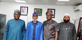 L-R: The Executive Governor of Kwara State, Alhaji AbdulRahman AbdulRazak; Minister for Solid Minerals Development, Dr. Oladele Alake; The Executive Governors of Oyo & Niger States, Engr. Seyi Makinde & Alhaji Mohammed Umar Bago