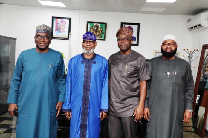 L-R: The Executive Governor of Kwara State, Alhaji AbdulRahman AbdulRazak; Minister for Solid Minerals Development, Dr. Oladele Alake; The Executive Governors of Oyo & Niger States, Engr. Seyi Makinde & Alhaji Mohammed Umar Bago