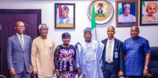 Hon. Minister of Labour and Employment, Simon Bako Lalong, CON (3rd right) with the newly inaugurated five-man fact-finding committee to investigate various complaints and petitions against the management of the Nigeria Social Insurance Trust Fund (NSITF), Abuja
