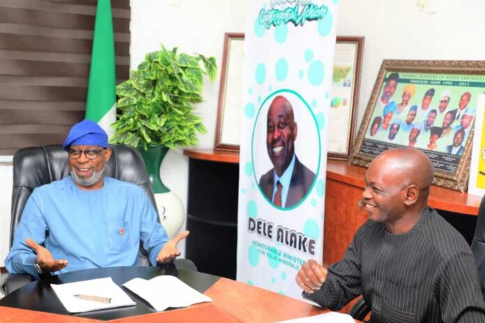 Left: Hon Minister for Solid Minerals Devpt. Dr Oladele Alake; Right: President, Nigeria Society of Mining Engineers, Prof. Benson Shedrack Jatau, during courtesy visit on the Hon. Minister by the Association