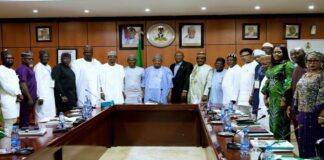 Pictures of the Honourable Minister of Budget and Economic Planning, Senator Abubakar Atiku Bagudu (middle) flanked right by Nebeolisa Anako, Permanent Secretary, State Commissioners and Permanent Secretaries of Budget and Economic Planning during a meeting recently in Abuja.