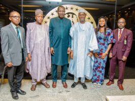 Hon Minister of Housing, Arc Ahmed Dangiwa (3rd right), Habitat Director , Africa Region, Oumar Sylla (4th right), Hon Minister of State Housing, Engr Tijjani Gwarzo and Permanent Secretary, Works & Housing , Mamuda Maman (1st right) , during the Habitat Team visit to the Ministry of Housing and Urban Development.