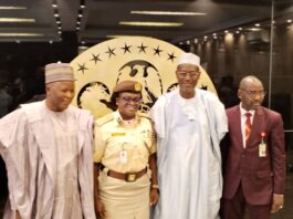 Minister of Housing & Urban Development, Arch Ahmed Dangiwa (2nd right), Acting Controller of Nigerian Immigration Servce , Caroline Wura-Ola Adepoju (middle), Minister of State, Housing & Urban Development, Engr Abdullahi Tijjani Gwarzo (right) and Permanent Secretary, Min of Housing and Urban Devt, Mamuda Mamman.