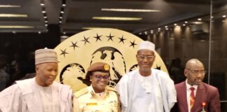 Minister of Housing & Urban Development, Arch Ahmed Dangiwa (2nd right), Acting Controller of Nigerian Immigration Servce , Caroline Wura-Ola Adepoju (middle), Minister of State, Housing & Urban Development, Engr Abdullahi Tijjani Gwarzo (right) and Permanent Secretary, Min of Housing and Urban Devt, Mamuda Mamman.