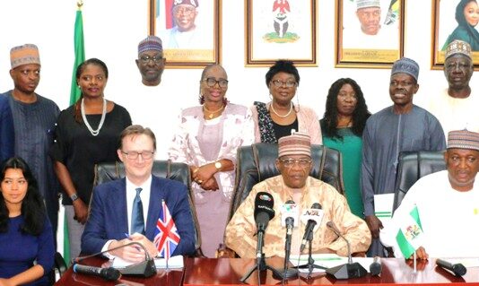L-R Senior Political Adviser, Damilola Oyedele; Permanent Secretary, Dr. Nasir Sani-Gwarzo Minister of Police Affairs, Senator, Ibrahim Gaidam; British High Commissioner to Nigeria, High Commissioner Richard Montgomery; Head of Political Team, Aneesah Islam; Head of Conflict and Security Programmes, Annup Vyas during a courtesy visit by the High Commissioner to the Headquarters of the Ministry in Abuja.