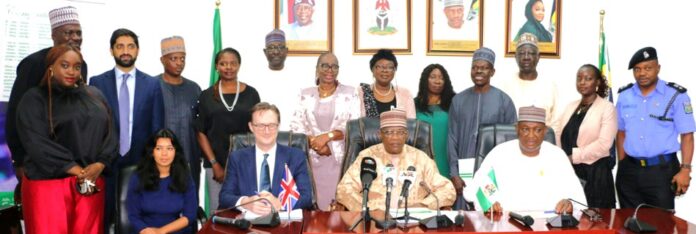 courtesy visit by the High Commissioner L-R Senior Political Adviser, Damilola Oyedele; Permanent Secretary, Dr. Nasir Sani-Gwarzo Minister of Police Affairs, Senator, Ibrahim Gaidam; British High Commissioner to Nigeria, High Commissioner Richard Montgomery; Head of Political Team, Aneesah Islam; Head of Conflict and Security Programmes, Annup Vyas during a courtesy visit by the High Commissioner to the Headquarters of the Ministry in Abuja.