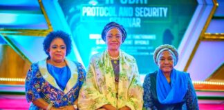 From left: Former First Lady of Nigeria, Dame Patience Jonathan, First Lady of the Federal Republic of Nigeria, Senator Oluremi Tinubu, CON and Wife of Former Head of State, Mrs Ajoke Muritala Mohammed at the opening of the 3 Day protocol and security seminar organized by the office of the First Lady of the Federal Republic of Nigeria in Abuja on Thursday 25th October 2023