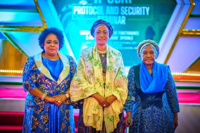 protocol and security seminar From left: Former First Lady of Nigeria, Dame Patience Jonathan, First Lady of the Federal Republic of Nigeria, Senator Oluremi Tinubu, CON and Wife of Former Head of State, Mrs Ajoke Muritala Mohammed at the opening of the 3 Day protocol and security seminar organized by the office of the First Lady of the Federal Republic of Nigeria in Abuja on Thursday 25th October 2023