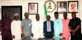 Hon. Minister of Labour and Employment, Simon Bako Lalong, CON (4th left); Director, Trade Union Services and Industrial Relations, Emmanuel Igbinosun (3rd left); National President, National Association of Medical and Dental Academics (NAMDA), Dr Nosa Lancy Orhue (4th right); former President, Nigerian Medical Association, Prof Ozovehe Mike Ogirima, mni (3rd right), and other national leaders of the Association during the visit of NAMDA to the Minister - Abuja