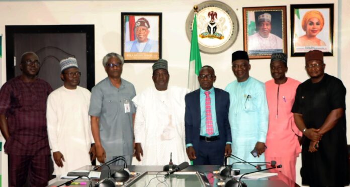 visit of NAMDA Hon. Minister of Labour and Employment, Simon Bako Lalong, CON (4th left); Director, Trade Union Services and Industrial Relations, Emmanuel Igbinosun (3rd left); National President, National Association of Medical and Dental Academics (NAMDA), Dr Nosa Lancy Orhue (4th right); former President, Nigerian Medical Association, Prof Ozovehe Mike Ogirima, mni (3rd right), and other national leaders of the Association during the visit of NAMDA to the Minister - Abuja