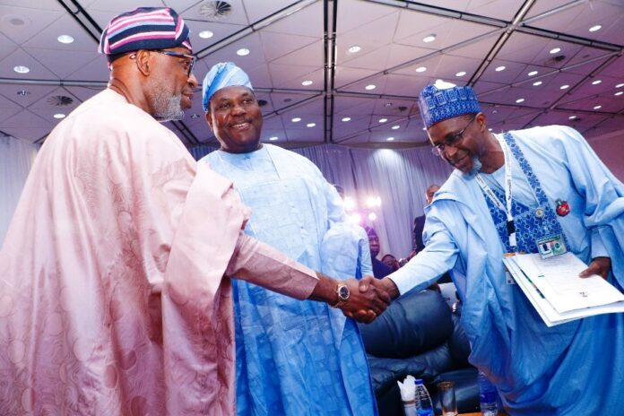 Africa Natural Resources and Energy Investment Summit L_R: Minister of Solid Minerals Development, Dr. Dele Alake, Secretary to the Government of the Federation (SGF), Sen. George Akume and Minister of Environment, Balarabe Abbas Lawal at the 2nd edition of the Africa Natural Resources and Energy Investment Summit in Abuja.