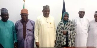 L-R: Project Manager, Adepoju Nurudeen; Leader of the Delegation, Abdullahi Yahaya; Permanent Secretary, Dr. Nasir Sani-Gwarzo; Coordinator/Humanitarian Manager, Hajia Zainab Ibrahim Adewuyi; Director (Police Service Department) Ibrahim Muhammad Buratai and other appeal during a courtesy visit of the Alhabibiyah Islamic society to the Headquarters of the Ministry recently.