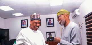 The Hon Minister of Solid Minerals Development, Dr. Oladele Alake received the Hon Minister of Information and National Orientation, Alhaji Mohammed Idris on courtesy visit, in his Office. On the Hon. Minister's entourage were the Management staff of the Ministry.