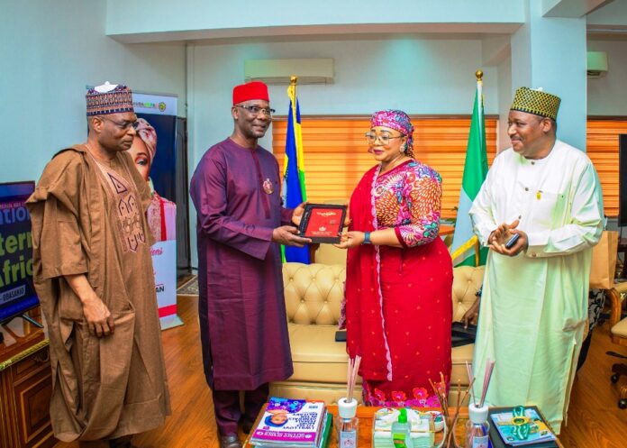 HMS Nasarawa.jpge L-R: Secretary to Nasarawa State Government, Barr. Muhammed Ubandoma Aliyu; Executive Governor (Nasarawa State) Engr. Abdullahi A. Sule; Minister of State, Hajia Imaan Sulaiman-Ibrahim and Permanent Secretary, Dr. Nasir Sani Gwarzo during a courtesy visit of the Executive Governor of Nasarawa State to the Headquarters of the Ministry of Police Affairs in Abuja.