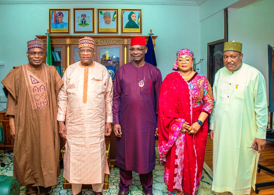 L-R: Secretary to Nasarawa State Government, Barr. Muhammed Ubandoma Aliyu; Minister of Police Affairs, Senator Ibrahim Gaidam; Executive Governor (Nasarawa State) Engr. Abdullahi A. Sule; Minister of State, Hajia Imaan Sulaiman-Ibrahim and Permanent Secretary, Dr. Nasir Sani Gwarzo during a courtesy visit of the Executive Governor of Nasarawa State to the Headquarters of the Ministry of Police Affairs in Abuja.