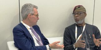 Minister of Solid Minerals Development, Dr. Oladele Alake with the United States Assistant Secretary for Energy & Natural Resources, Geoffrey Pratt discussing at the Mines & Money conference in London