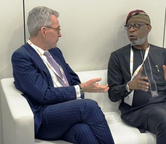 Minister of Solid Minerals Development, Dr. Oladele Alake with the United States Assistant Secretary for Energy & Natural Resources, Geoffrey Pratt discussing at the Mines & Money conference in London