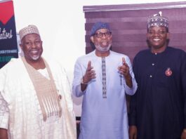 Middle: Hon. Minister of Solid Minerals Development, Dr. Oladele Alake; surrounded by both Ministers of Defence. Left: Minister of Defence, HE Alhaji Mohammed Abubakar Badaru; Right: HE Alhaji Bello Muhammad Matawalle, Minister of State Defence