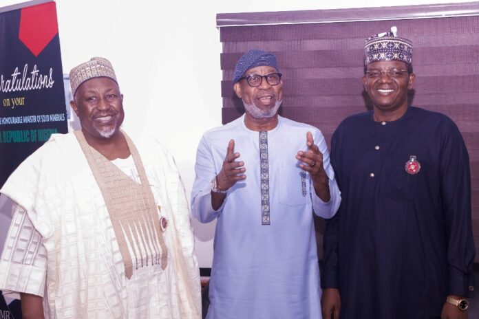 Minig Field with Minister of Defence Middle: Hon. Minister of Solid Minerals Development, Dr. Oladele Alake; surrounded by both Ministers of Defence. Left: Minister of Defence, HE Alhaji Mohammed Abubakar Badaru; Right: HE Alhaji Bello Muhammad Matawalle, Minister of State Defence