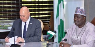 AO, Director, Office of Emergency and Resilience, Mr. Rein Paulsen and Hon. Minister of State, Agriculture and Security, Sen. Dr. Aliyu Abdullahi during the Visit in Abuja.