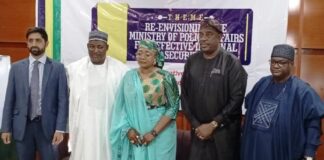 representative of the British High Commissioner to Nigeria, Head of Conflict and Security Programme (Nigeria and Lake Chad Basin), Mr. Annup Vyas; Permanent Secretary, Ministry of Police Affairs, Dr. Nasir Sani-Gwarzo; Minister of State for Police Affairs, Hajia Imaan Sulaiman-Ibrahim; Minister of State for Police Affairs, Hajia Imaan Sulaiman-Ibrahim and Executive Secretary, Nigeria Police Trust Fund, Abdullahi Bala Sokoto during a 2-Day Retreat for Directorate cadre with a theme Re: Envisioning the Ministry of Police Affairs for Effective Internal Security: strengthening Administration and Management Functions for Resilience and Efficiency holding at the Wetland Hotel, Abuja.