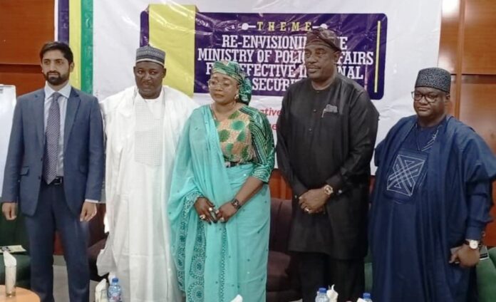 Retreat representative of the British High Commissioner to Nigeria, Head of Conflict and Security Programme (Nigeria and Lake Chad Basin), Mr. Annup Vyas; Permanent Secretary, Ministry of Police Affairs, Dr. Nasir Sani-Gwarzo; Minister of State for Police Affairs, Hajia Imaan Sulaiman-Ibrahim; Minister of State for Police Affairs, Hajia Imaan Sulaiman-Ibrahim and Executive Secretary, Nigeria Police Trust Fund, Abdullahi Bala Sokoto during a 2-Day Retreat for Directorate cadre with a theme Re: Envisioning the Ministry of Police Affairs for Effective Internal Security: strengthening Administration and Management Functions for Resilience and Efficiency holding at the Wetland Hotel, Abuja.