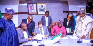 L-R, the Minister of State, Agriculture and Food Security, Dr. Aliyu Abdullahi, Country Director, John Deere Engr. Chijoke Okoli, Vice President, John Deere, Jason Braintley, Permanent Secretary, FMAFS, Dr. Ernest Umakhihe and Minister Of Agriculture and Food Security, Sen. Abubakar Kyari, during the Signing of the Memorandum of Understanding in Abuja.