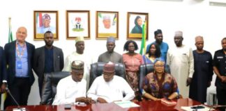 L-R: Resident Representative of the United Nations Development Programme (UNDP) Mohàmmed Yahaya, Minister of Police Affairs, Senator Ibrahim Gaidam, Minister of State, Hajia Imaan Sulaiman-Ibrahim and others during a courtesy visit by the United Nations Development Programme (UNDP) team to the Headquarters of the Ministry in Abuja.