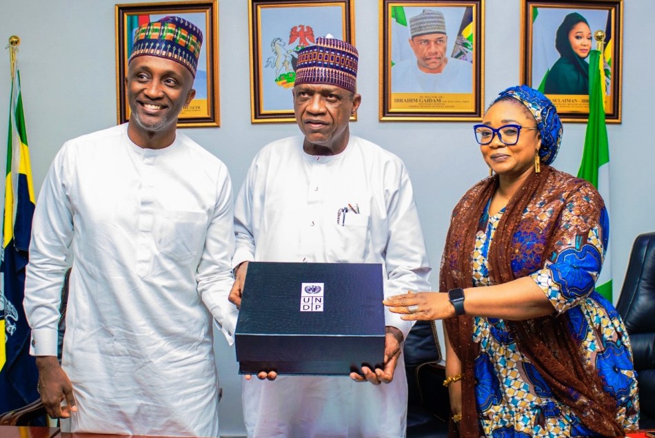L-R: Resident Representative of the United Nations Development Programme (UNDP) Mohàmmed Yahaya, Minister of Police Affairs, Senator Ibrahim Gaidam, and Minister of State, Hajia Imaan Sulaiman-Ibrahim during a courtesy visit by the United Nations Development Programme (UNDP) team to the Headquarters of the Ministry in Abuja.