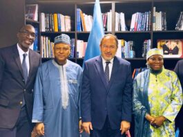 L-R: Alton Grizzle, Programme Specialist in Communication and Information, UNESCO; Mohammed Idris, Nigeria's Minister of Information and National Orientation; Dr. Tawfik Jelassi, UNESCO Assistant Director-General for Communication and Information; and Dr. Hajo Sani, Nigeria’s Ambassador, Permanent Representative to UNESCO, at a Bilateral Meeting between the Minister and the Assistant Director-General, at UNESCO HQ, on Tuesday, November 7, 2023