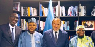 L-R: Alton Grizzle, Programme Specialist in Communication and Information, UNESCO; Mohammed Idris, Nigeria's Minister of Information and National Orientation; Dr. Tawfik Jelassi, UNESCO Assistant Director-General for Communication and Information; and Dr. Hajo Sani, Nigeria’s Ambassador, Permanent Representative to UNESCO, at a Bilateral Meeting between the Minister and the Assistant Director-General, at UNESCO HQ, on Tuesday, November 7, 2023