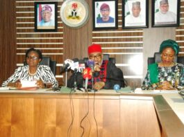 The Minister of State, Ministry of Steel Development, His Excellency Uba Maigari Ahmadu (middle), flanked on his left by the Permanent Secretary Ministry of Solid Minerals Development/ Ministry of Steel Development Dr. Mary A Ogbe and on his right by the Executive Secretary/CEO, Nigerian Investment Promotion Commission, during a courtesy visit by the NIPC to the Ministry on Thursday, 23rd November 2023 in Abuja.